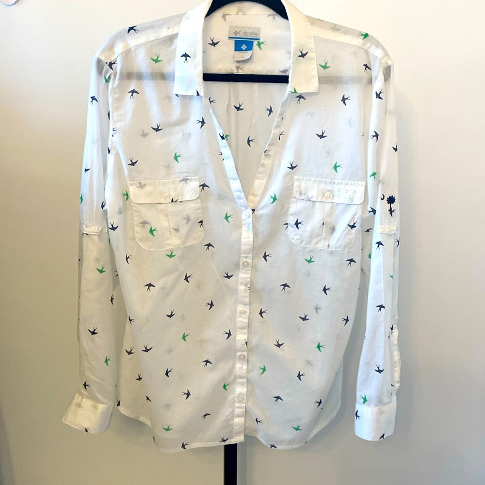 Columbia Sportswear button down shirt Green and Blue Birds Size XL